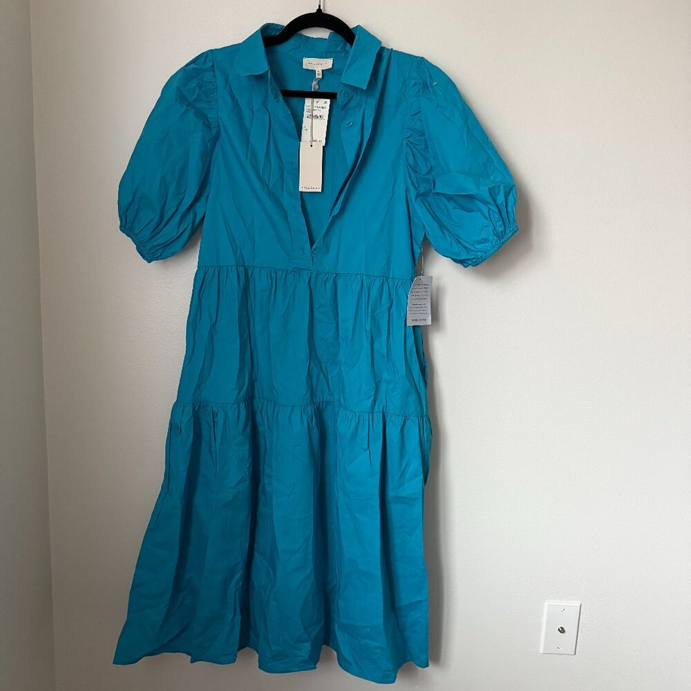 NWT Melloday Blue Puff Sleeve Collared Midi Dress S